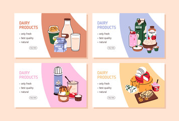 Dairy products, web page background templates set. Webpage design, ad banner with milk, cottage cheese, yogurt, icecream. Fresh natural food, promo landing pages layouts. Flat vector illustrations
