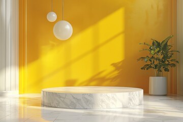 white marble Podium stand studio room yellow gold color background 3d pedestal platform background....