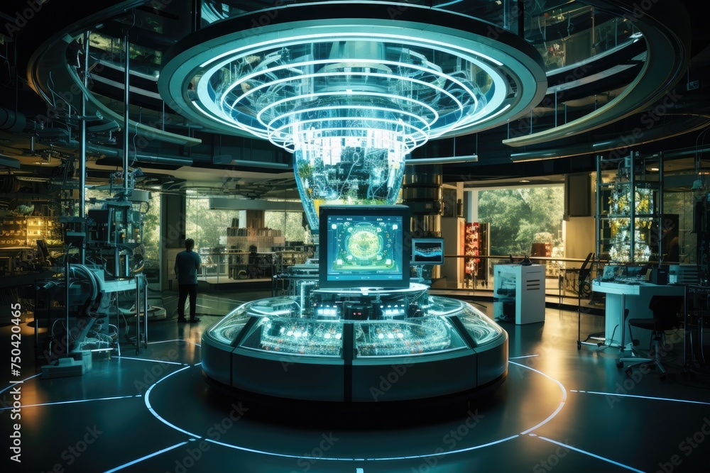 Poster quantum computing laboratory with intricate machinery and futuristic user interfaces. ai generated