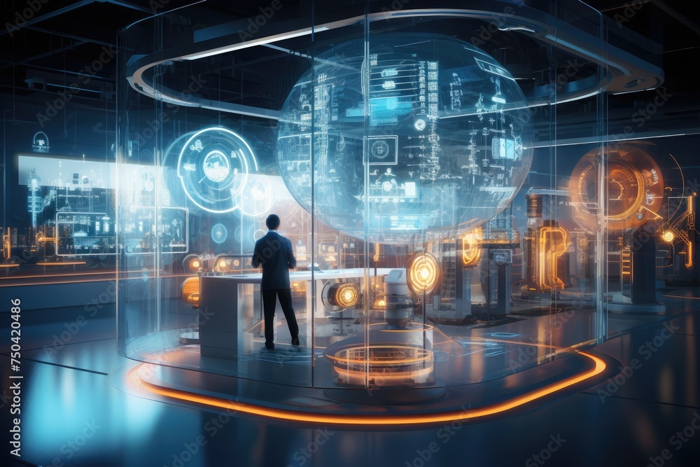 Poster quantum computing laboratory with intricate machinery and futuristic user interfaces. ai generated