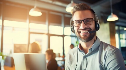 Call Center Office: Portrait IT Customer Support Specialist Working on Computer. Business Entrepreneur Using Headset to Talk with Client via Online Video Conference Call
