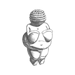 Venus of Willendorf - hand drawn sketch of stone obese female figurine isolated on white. An example of primitive art of the late Paleolithic. Symbol of fertility and abundance. Vector illustration.