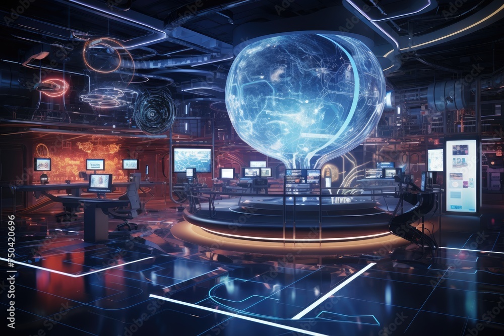 Poster quantum computing laboratory with intricate machinery and futuristic user interfaces. ai generated