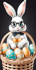 A cute little white rabbit with glasses in a basket with Easter eggs