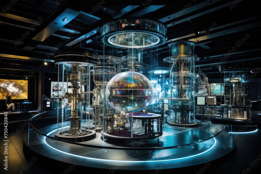 Poster quantum computing laboratory with intricate machinery and futuristic user interfaces. ai generated