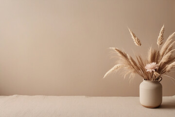 Boho style background with neutral pastel color style and natural floral elements. Aesthetic minimalism design for social media content. Simple beige chic elements