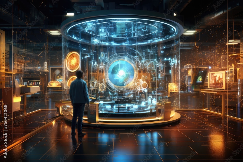 Poster quantum computing laboratory with intricate machinery and futuristic user interfaces. ai generated