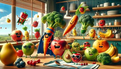 This AI-generated image presents a lively scene of photorealistic fruit and vegetable characters with endearing faces, gathered in a bright kitchen setting. - obrazy, fototapety, plakaty
