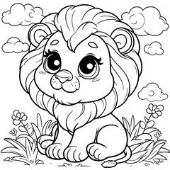 lion sitting in the grass with flowers and clouds