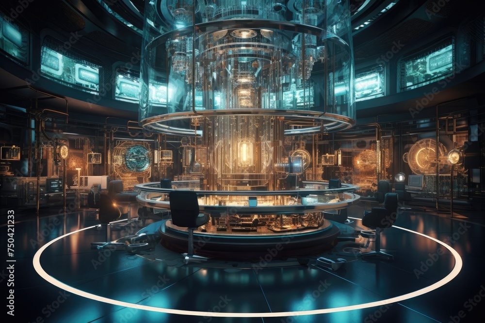 Poster quantum computing laboratory with intricate machinery and futuristic user interfaces. ai generated