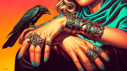 a woman with a bird on her arm is wearing rings and bracelets - obrazy, fototapety, plakaty