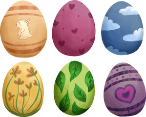 cute vector watercolor crayon illustration style clip art set collection of various pattern eggs for easter day	
