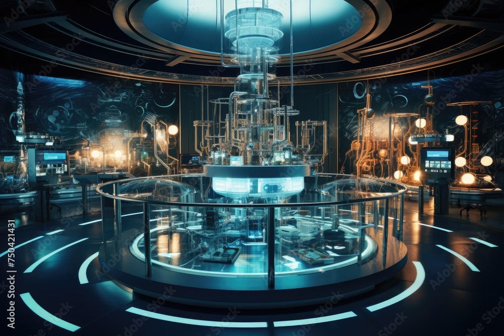 Poster quantum computing laboratory with intricate machinery and futuristic user interfaces. ai generated