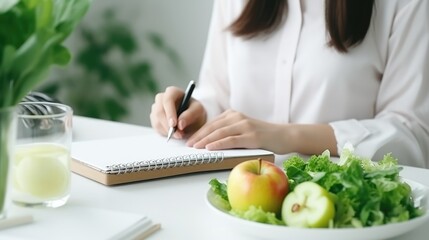 Obraz na płótnie Canvas Dieting and calories control for wellness. Woman using smartphone calculate calories of food in breakfast during dieting for lose weight program and take notes.