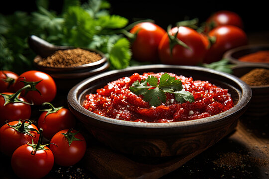 Tomato sauce with specialists. Table with jar of tomato paste served and richly painted