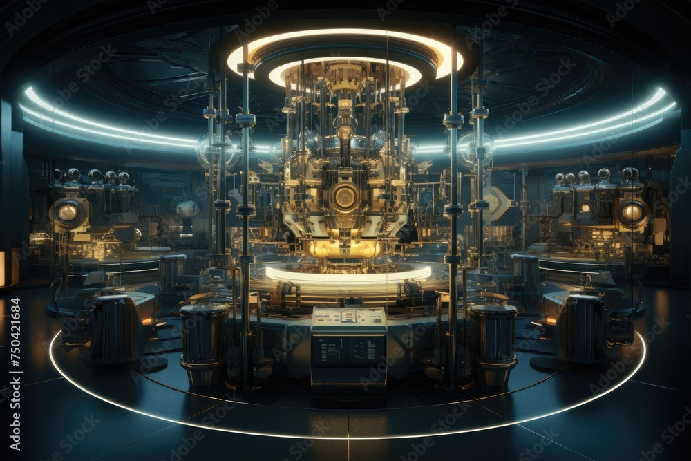 Poster quantum computing laboratory with intricate machinery and futuristic user interfaces. ai generated