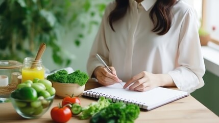 Dieting and calories control for wellness. Woman using smartphone calculate calories of food in breakfast during dieting for lose weight program and take notes.