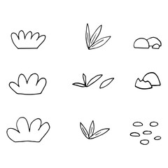 Fototapeta premium grass and stones set hand drawn in doodle style.