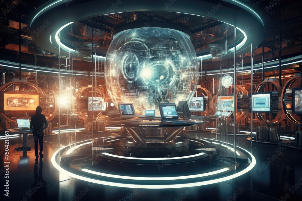 Poster quantum computing laboratory with intricate machinery and futuristic user interfaces. ai generated