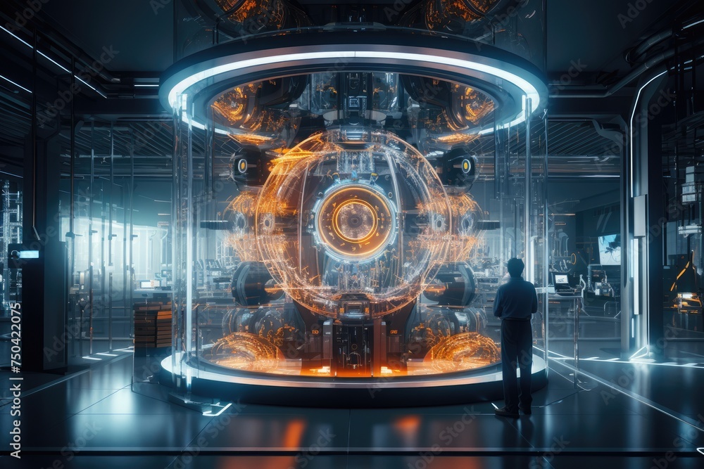 Poster quantum computing laboratory with intricate machinery and futuristic user interfaces. ai generated