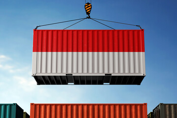 Indonesia trade cargo container hanging against clouds background