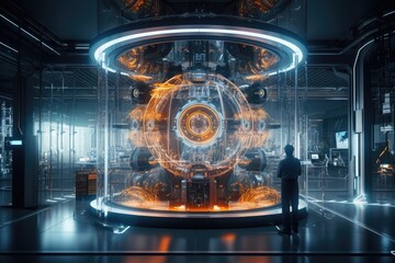 Quantum computing laboratory with intricate machinery and futuristic user interfaces. Ai generated
