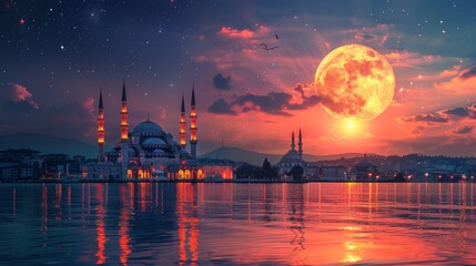 Sunset sky with mosque, moon, holy night, Islamic night and silhouette mosque, panoramic islamic wallpaper