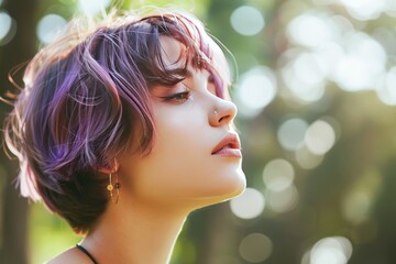 Smiling Young Woman With Purple Hair During Golden Hour Outdoors.