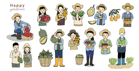 Man and woman with fresh vegetables and fruits isolated on white. Farmers and gardeners doing job. Hand drawn style vector illustration.