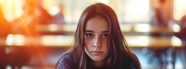 A school girl in serious emotion face, close up shot portrait.