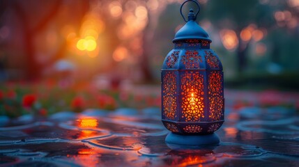 In the middle of an ornamental Arabic lantern is a burning candle, which will give off a warm glow at night. This is one of the invitations for the Muslim holy month of Ramadan Kareem. - obrazy, fototapety, plakaty