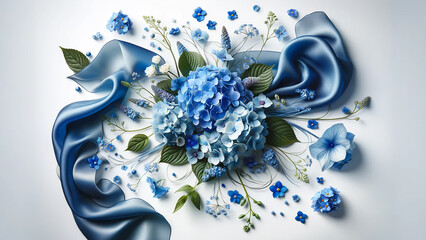 close-up blue flowers and silky fabric on a stark white background