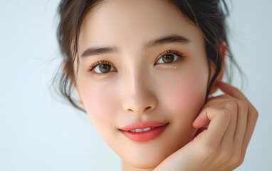 Obraz premium A radiant close-up of a asian woman with sparkling cheeks, a warm smile, and soft, brown eyes , young Asian model