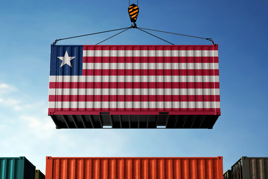 Liberia trade cargo container hanging against clouds background