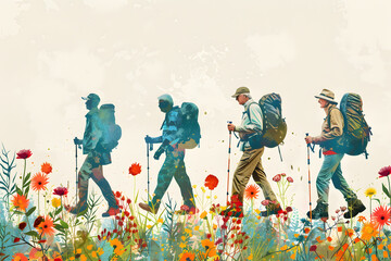 Elderly hiking in a group