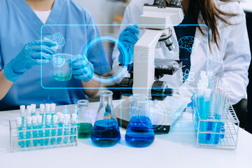 Scientist team with tablet and laptop, laboratory and ecofriendly science. Agriculture, research and scientists with online reading, test samples