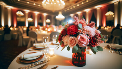 beautifully decorated dining table at a wedding venue, focusing on a vase filled - obrazy, fototapety, plakaty