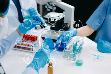 Scientist team with tablet and laptop, laboratory and ecofriendly science. Agriculture, research...