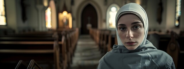 A old woman in the nun character at church  - obrazy, fototapety, plakaty