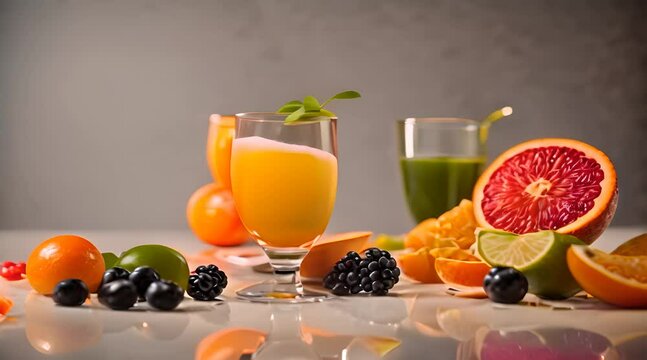A Burst of Vitamin C, A Close-Up Look at Two Glasses of Orange Juice Accompanied by Various Fruits