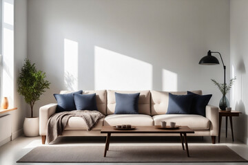 Bright and cozy modern living room interior have sofa with white wall background