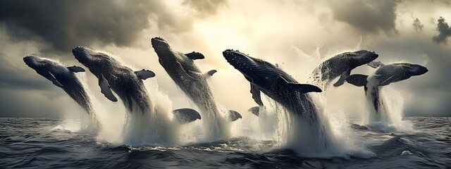 A surreal photography of group of whale jumping from water in the ocean.