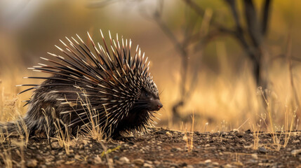 A porcupine moves along the ground at sunset, its quills highlighted by the golden light. - obrazy, fototapety, plakaty