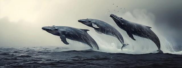 A surreal photography of group of whale jumping from water in the ocean.