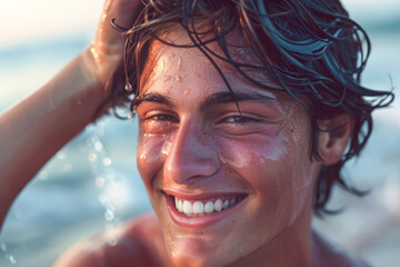 joyful portrait of a man by the sea with wet hair
