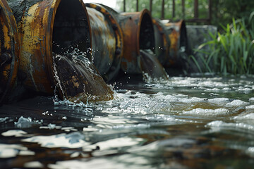 water waste flowing into the river, Environmental damage concept, Industrial and factory brown wastewater murky discharge pipe into wild river, dirty water pollution