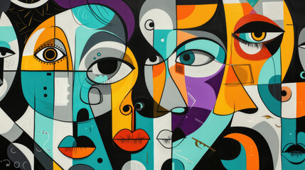 Abstract black and white cubist face with an energetic mix of turquoise, tangerine, purple, lemon yellow and emerald green in retro colors. Illustration for creative design