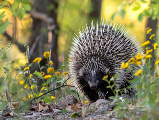 Close-up of a porcupine moving through the forest with yellow flowers.