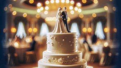 A beautifully decorated wedding cake topped with cute figures of two charming women in dresses