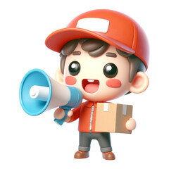 Fototapeta premium 3d cute delivery man holding a megaphone and shouting, 3d clipart, 3d character. 